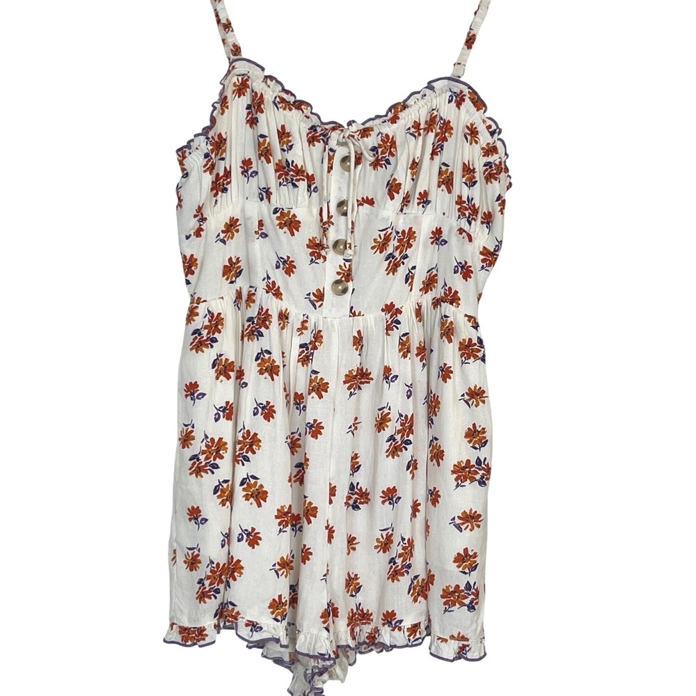 Urban Outfitters Floral Romper Womens Medium White Orange Excellent Linen Blend - Picture 2 of 16